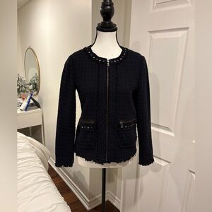 Rebecca Taylor Tweed Jacket Navy Embellished Zip Blazer Size 4 Classic Chic
